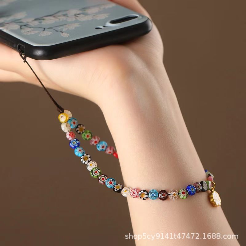 Colorful Thousand Flowers Glass Mobile Phone Chain White Flower Wrist Pendant Girls Bead Chain Anti-lost Mobile Phone Shell Hanging