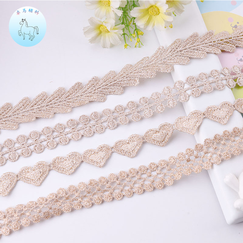 跨境专供中东高档服饰家居装饰绣花刺绣条码镂空金色爱心水溶花边