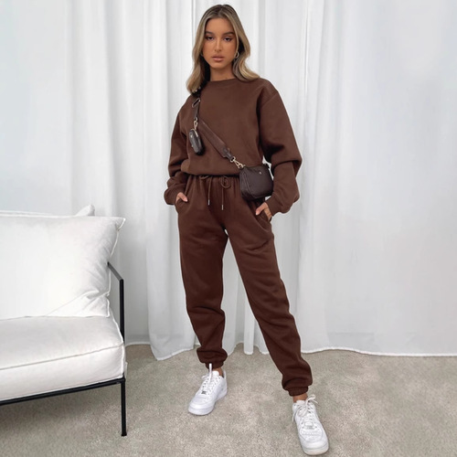 Women's Solid Color Round Neck Long Pants Set for Autumn and Winter, Fashion Casual Long Sleeve Hoodie Set, New Arrival