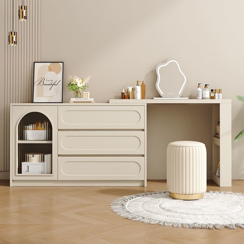 French-Style Cream-Colored Dresser and Vanity Table Combo, Minimalist Design for Small Apartments, Trendy Makeup Table and Cabinet Set for Other Living Rooms French-Style Cream-Colored Dresser and Vanity Table Combo, Minimalist Design for Small Apartments, Trendy Makeup Table and Cabinet Set for Other Living Rooms