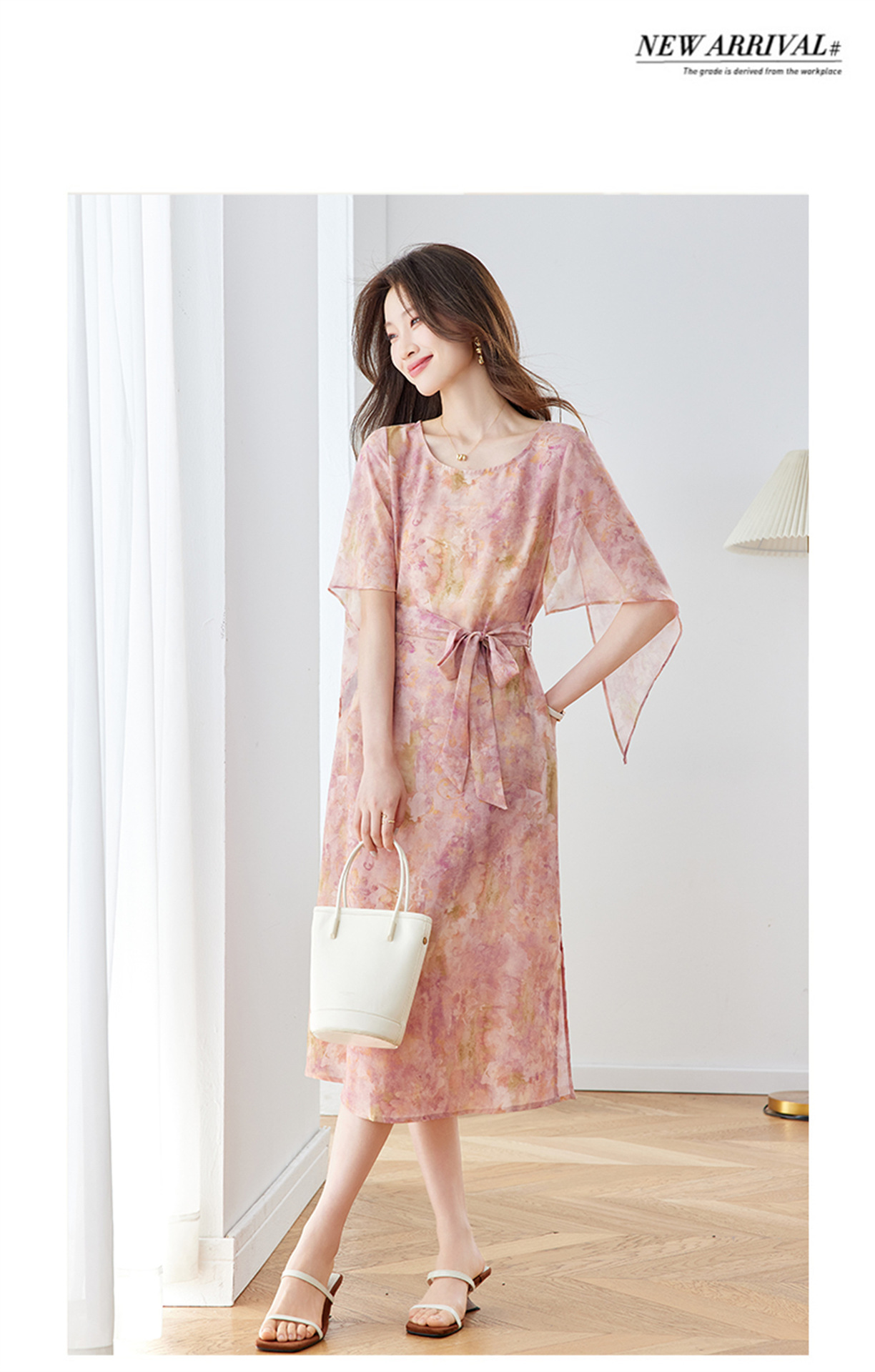 Đầm maxi nữ thắt eo in họa tiết hoa tay ngắn dáng suông che khuyết điểm — xanh lam, Màu hồng chi tiết 9