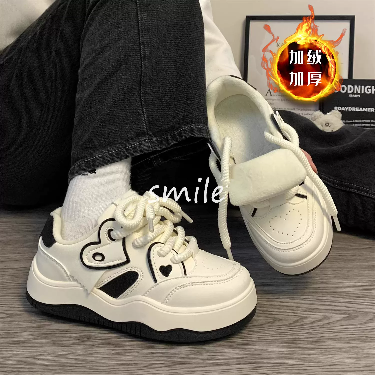 Кампус ветер плюс бархат любовь маленькие белые туфли женские толстые и теплые зимние