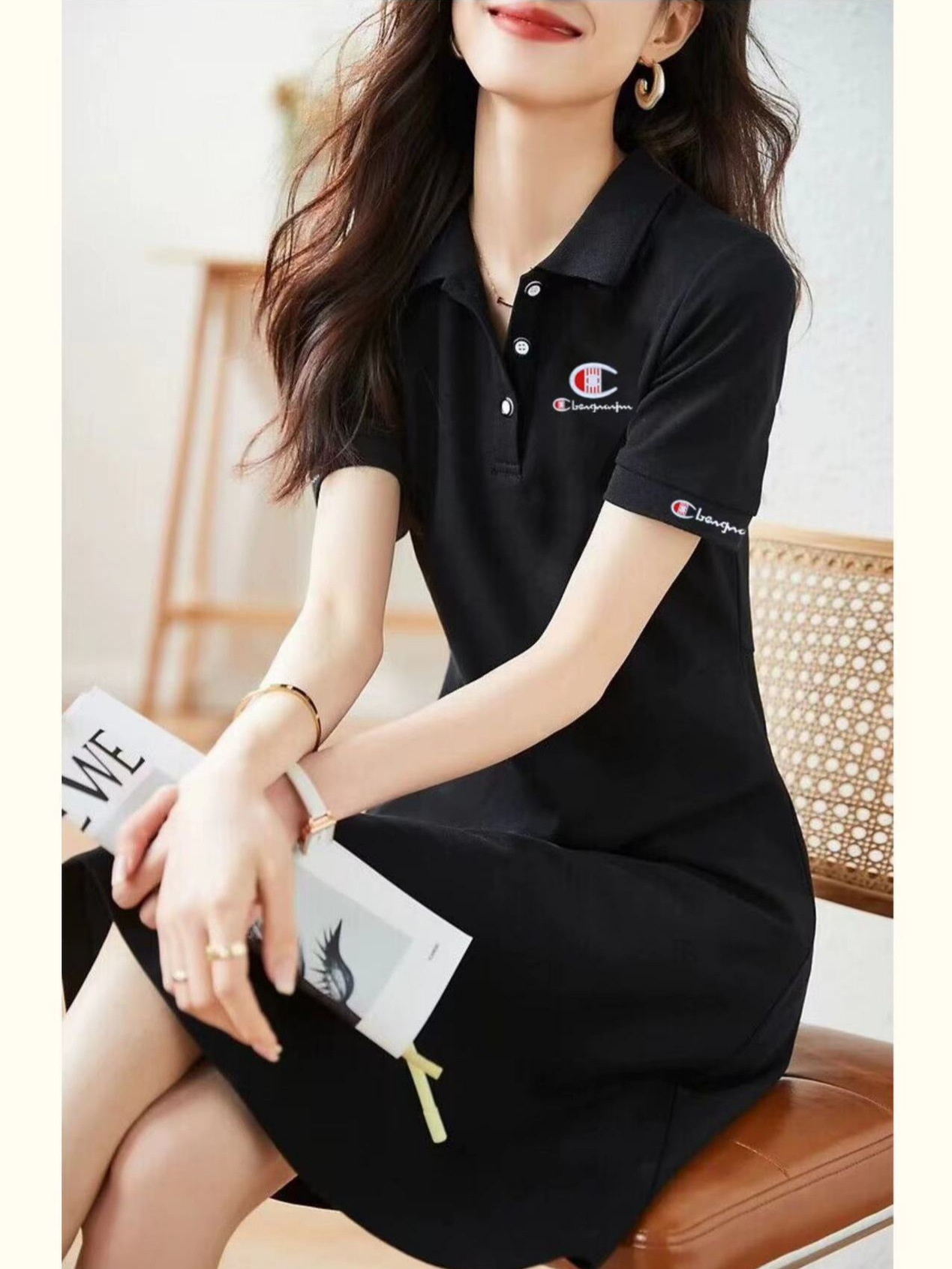 Đầm midi cổ polo tay ngắn thắt eo kiểu Pháp — đen