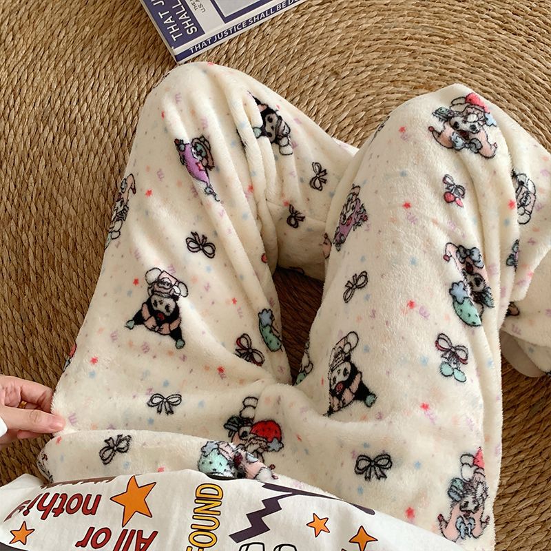 Pantalones de pijama de franela de dibujos animados de otoño y invierno para mujeres con pantalones de lana de coral caliente para estudiantes de lana de invierno para el hogar