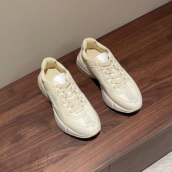 Rhyton Series Classic Thick-Soled Height-Increasing Dad Shoes, Sports and Leisure Lace-Up Genuine Leather Couple's Off-White Sneakers Rhyton Series Classic Thick-Soled Height-Increasing Dad Shoes, Sports and Leisure Lace-Up Genuine Leather Couple's Off-White Sneakers