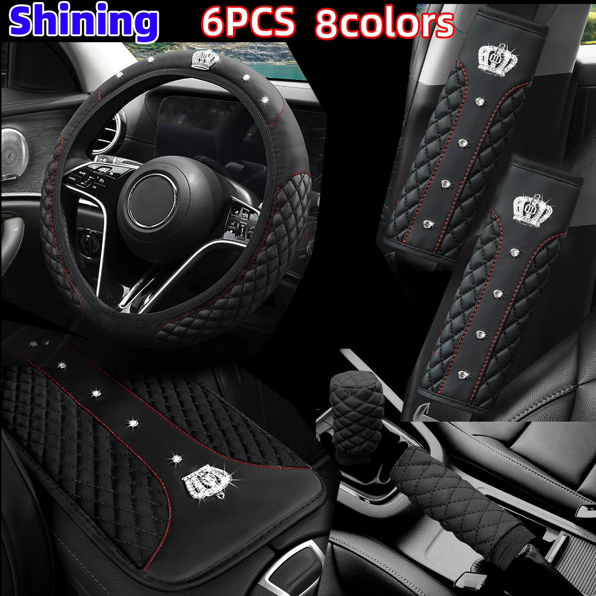 Cross-Border Popular Car Steering Wheel Cover, Leather Diamond-Encrusted Crown, Bubble Armrest Box Pad, Shoulder Protector, Seat Belt Cover Wholesale