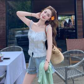 薄荷绿防晒开衫蕾丝吊带牛仔短裤套装女夏2026新款漂亮流行三件套
