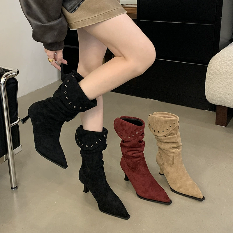 Mi Ting 2024 Новый осенний и зимний каблуки с складками и складками сапоги