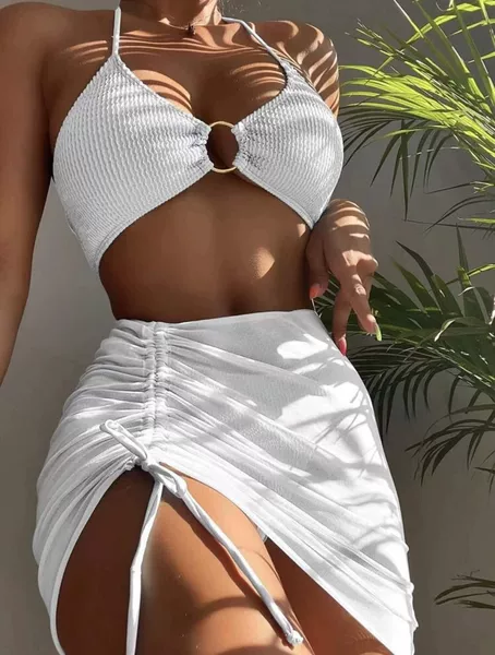 European and American steel ring bikini cross-border Amazon explosion three-piece split bikini2024 pleated women's swimsuit