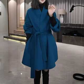 241120大爱美依缘2026新款简约大气宽松显瘦系带毛呢外套纯色大衣