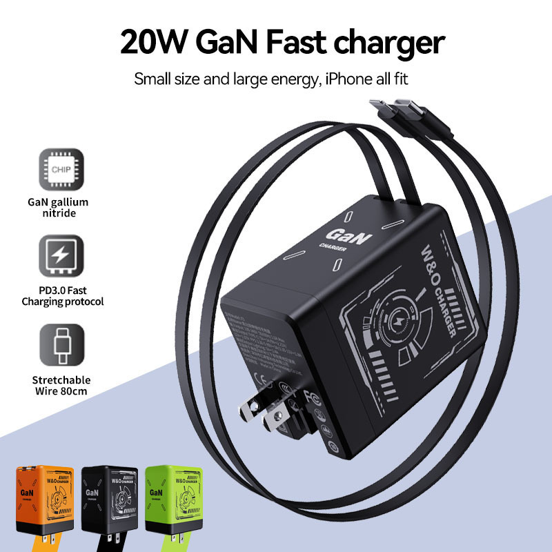 F3Gan Fast Charging Flash Charging Dual Retractable Cable Typec Charger F3 Charging Head Suitable for Huawei Apple Pd Charger