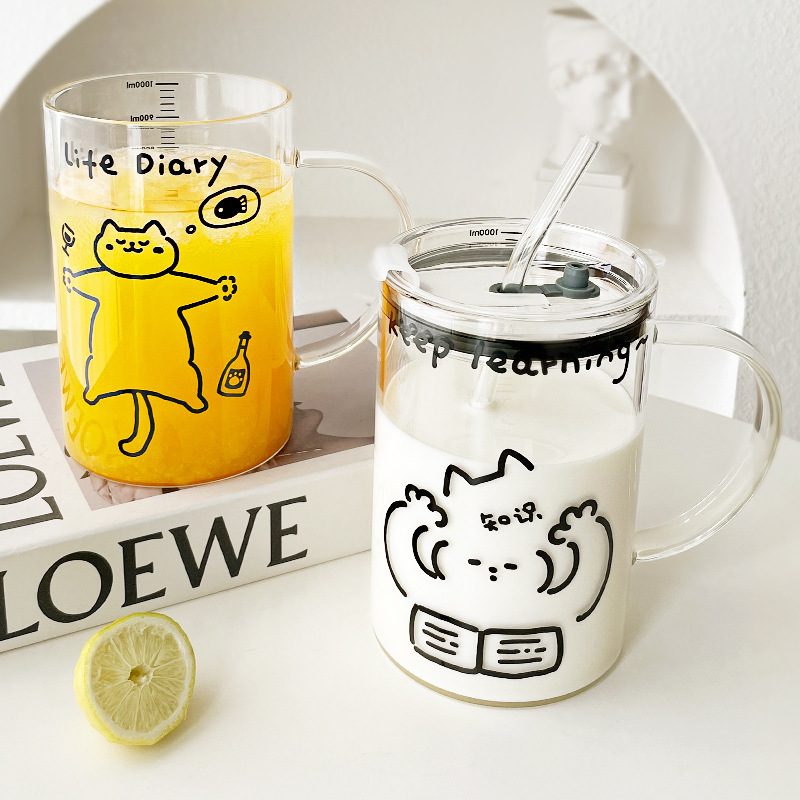 High-Temperature-Resistant Glass Cup for Women with Good Looks, Large Capacity, Milk Straw, Water Cup, Juice Drink Handle Cup with Scale