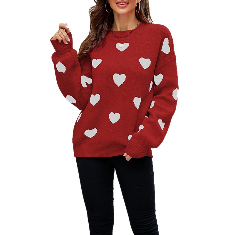 Suéter de Punto para Mujer, Diseño de Corazón para el Día de San Valentín, Estilo Europeo y Americano, Invierno 2025, Talla Grande, Holgado, Transfronterizo