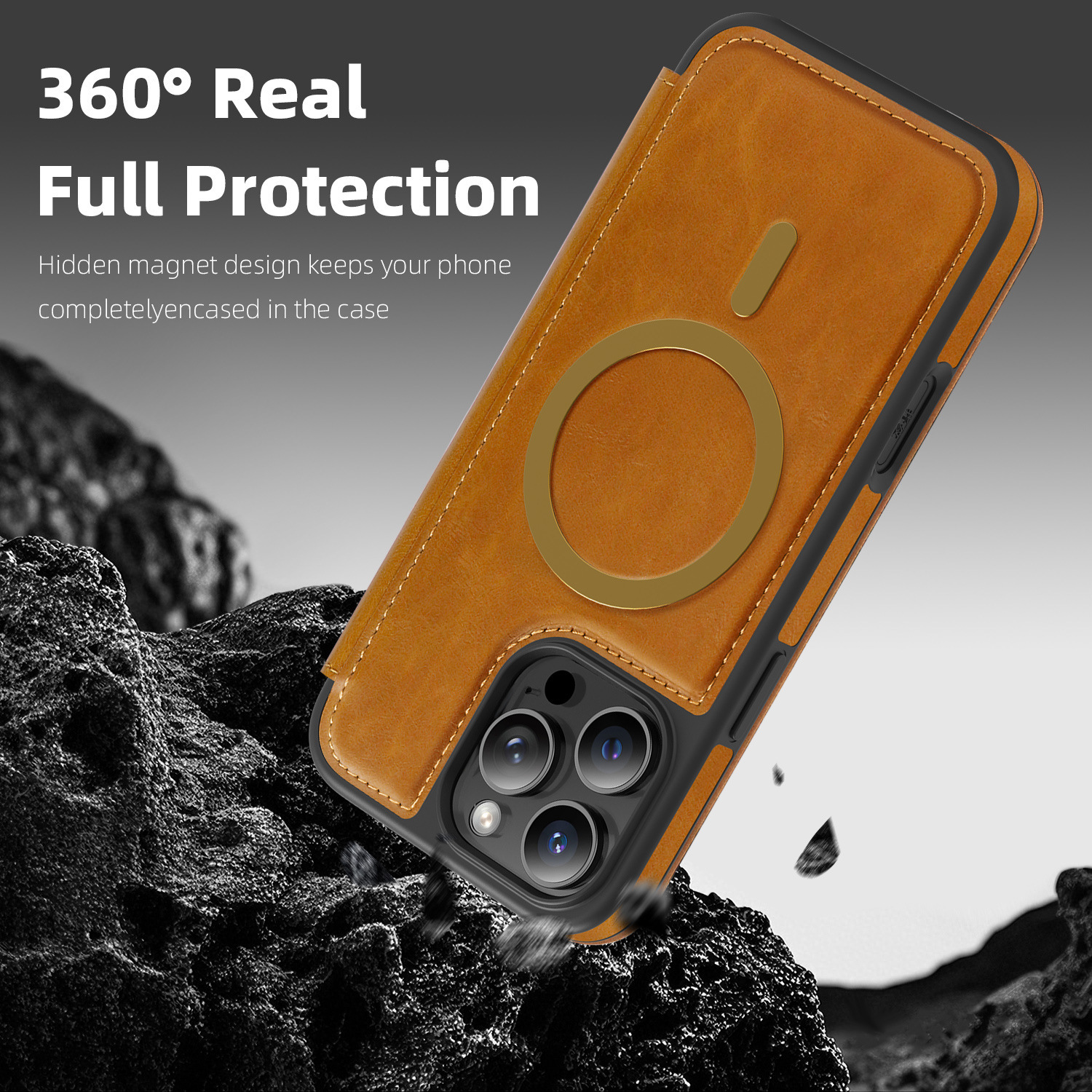 Ốp lưng da từ tính có khe đựng thẻ cho iPhone 16 Pro Max, chống sốc — Màu đen, Màu xanh ngọc, Màu cà phê, Xám vàng titan chi tiết 23