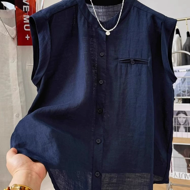 3612 хлопковая и льняная рубашка без рукавов с круглым вырезом для женщин, летняя элегантная рубашка, очень красивый верхний жилет, жилет