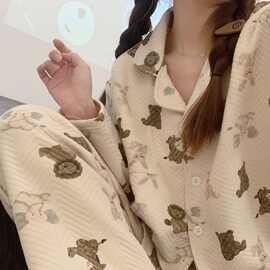 睡衣女秋冬长袖空气棉夹层加厚2024年新款可爱动物印花家居服套装