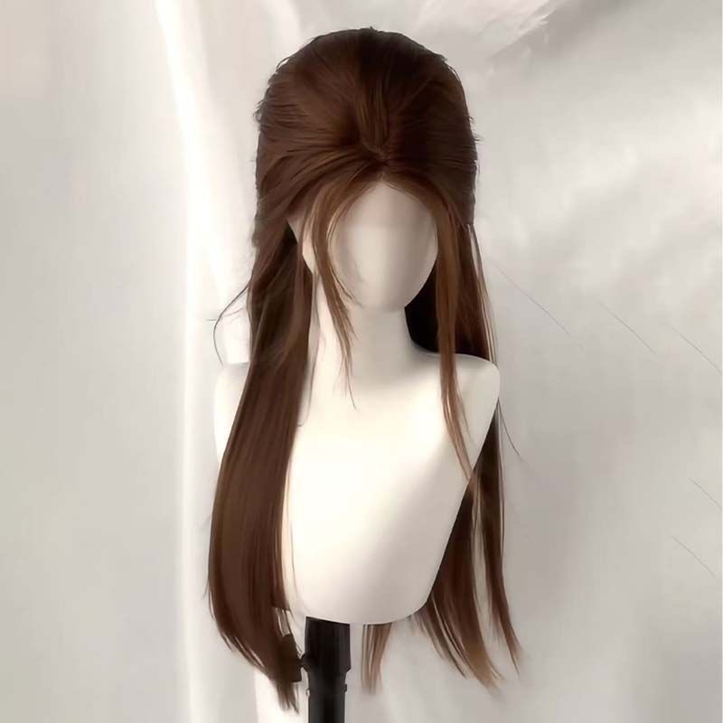 Connie-pruik [Xu Yan-stijl] Dames realistisch elegant middendeel lang steil haar voor dagelijks gebruik karamel warm bruin