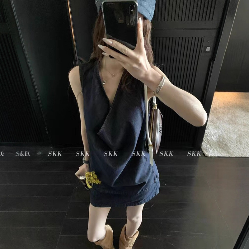 Skk Store Chunyesen Club Solid Color Casual Design Denim Swing Collar Vest Women's Summer Skirt Set