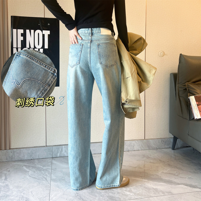 Designer High-Waisted Wide-Leg Jeans for Women in Autumn, Washed Light Blue, Distressed Floor-Length Straight Pants, Non-Elastic