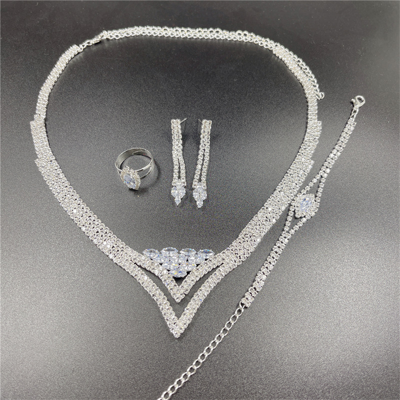Classic Water Drop Rhinestone Necklace Earrings Ring Bracelet Four Piece Wholesale display picture 1