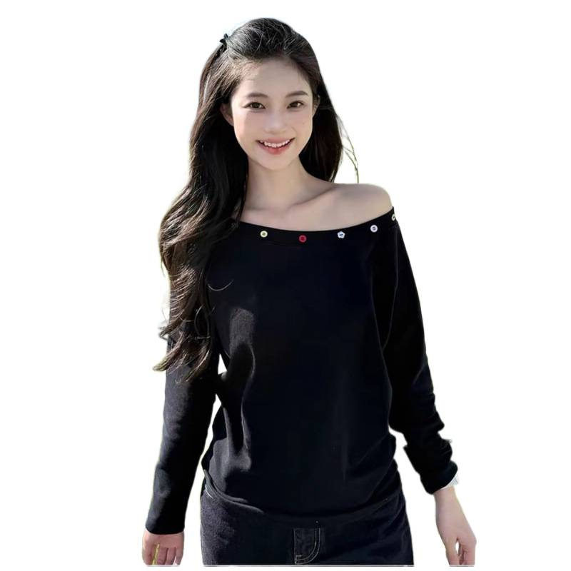 美式复古黑色斜肩长袖t恤女2025新款设计感修身显瘦辣妹露肩上衣|undefined