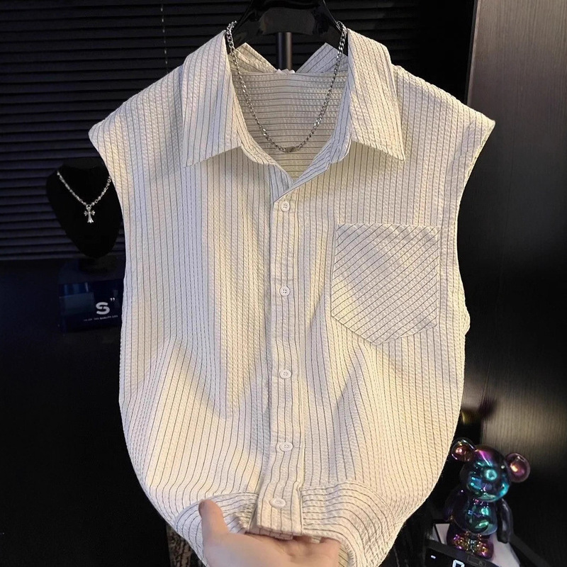 Summer Fashion Simple Contrast Color Striped Shirt Trendy Men's Loose Sleeveless Simple Handsome Casual Versatile Top