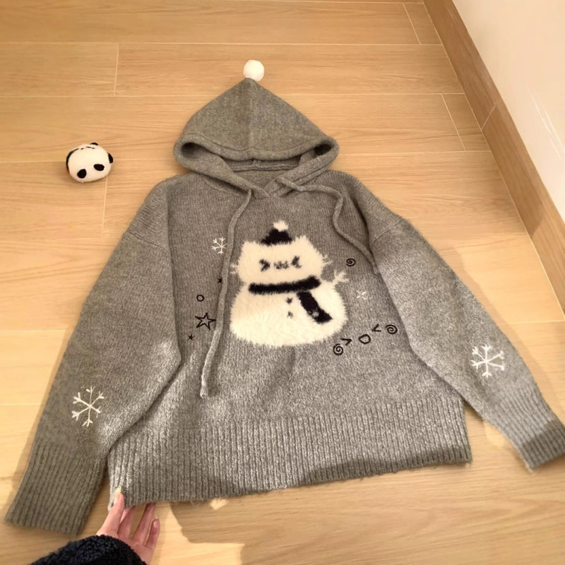 Autumn and Winter New Korean Style Sweet Cute Snowman Jacquard Hooded Sweater Women's Christmas Grey Lazy Sweater Top