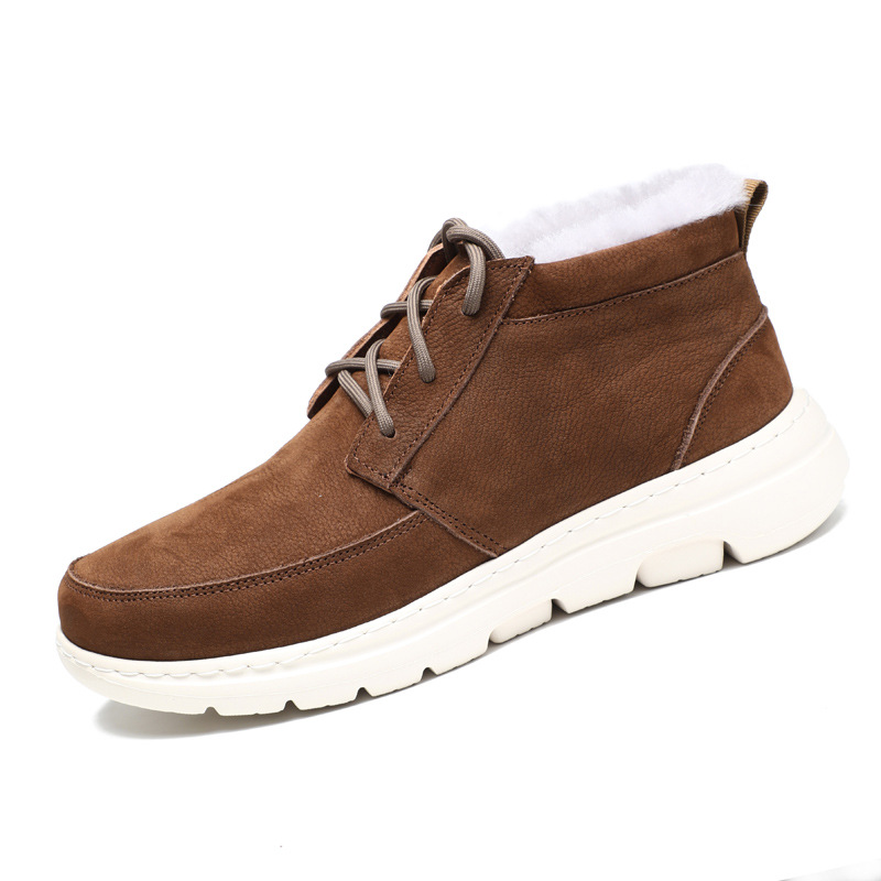 Botas de nieve de piel de hombre en invierno, zapatos de algodón de lana gruesa, cuero esmerilado a prueba de frío, botas de algodón casuales de piel de vaca, zapatos de hombre ligeros