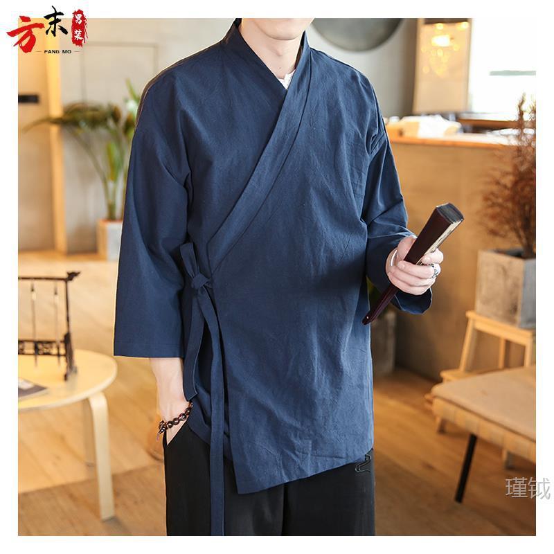 Men's Traditional Chinese-Style Robe, Hanfu, Summer Retro Tang Dynasty Style, Zen Practice, Three-Quarter Sleeve Cardigan Jacket, Trendy Men's Traditional Chinese-Style Robe, Hanfu, Summer Retro Tang Dynasty Style, Zen Practice, Three-Quarter Sleeve Cardigan Jacket, Trendy