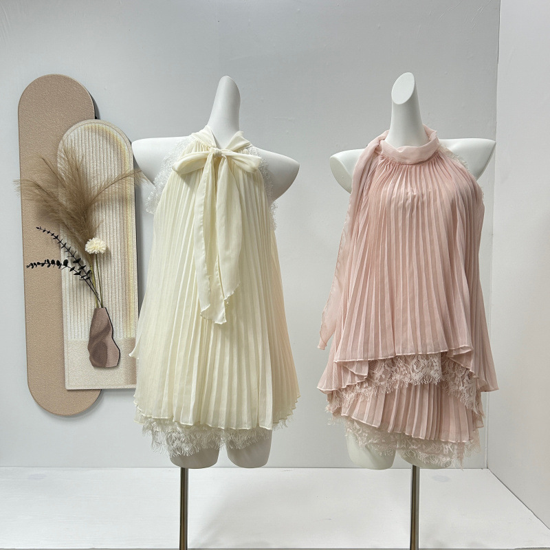 服の女性の夏のスーツ白い雲甘い愛サマースタイルレースホルターネックノースリーブトップシフォンツーピースセット2025新しいスタイル|undefined