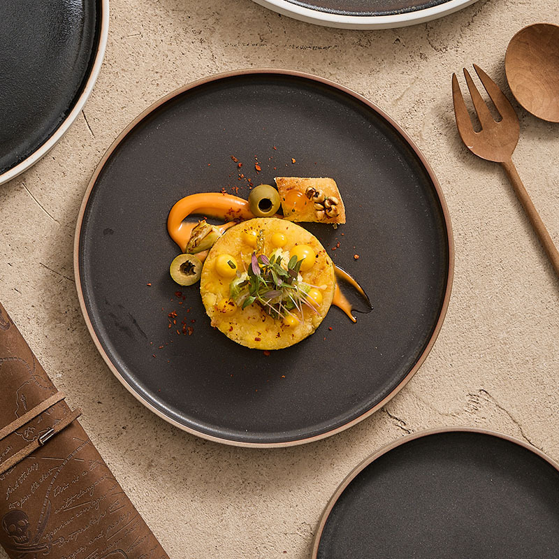 Conjunto de platos retro redondos japoneses, platos de comida occidental de lujo nórdico, plato de carne de cerámica, plato de pasta simple