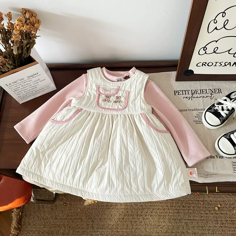 儿童夹棉连衣裙加绒打底衫2024秋冬新款女童童装韩版卡通小熊