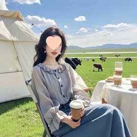 2026新款独特绝美别致时髦设计感小众衬衫女灰色木耳边拼接上衣潮