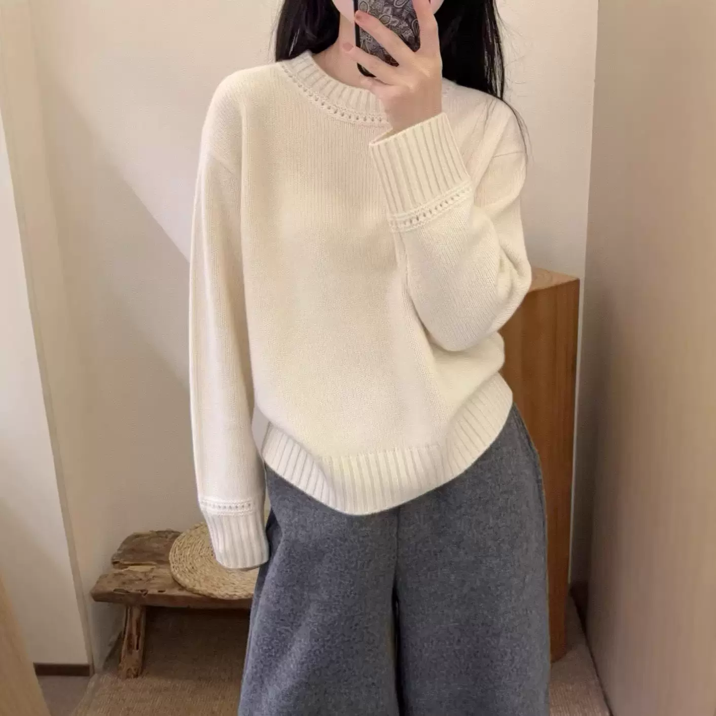 秋冬新款100%羊毛衫女圆领宽松软糯落肩袖慵懒风外穿羊绒打底毛衣