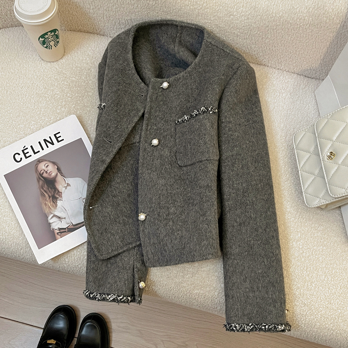 Gray High-End Double-Sided Woolen Cashmere Coat for Women 2025 Autumn and Winter New Style French Style Elegant Tweed Jacket