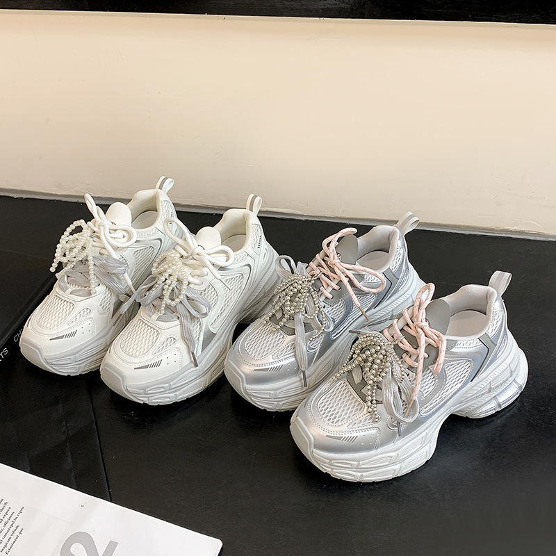 2025 verano nuevo estilo aumento 75mm ~ Doble suela gruesa realce gris zapatos deportivos casuales mujeres zapatos de papá mujeres