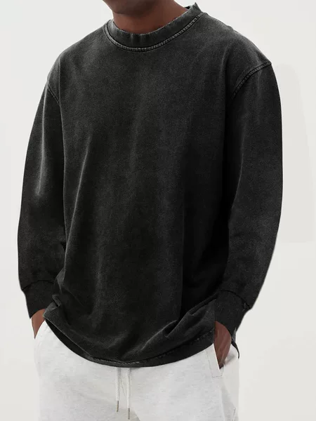 European and American Cross-Border Men's Casual Men's Pure Cotton Long-Sleeved Round Neck Loose T-Shirt Retro