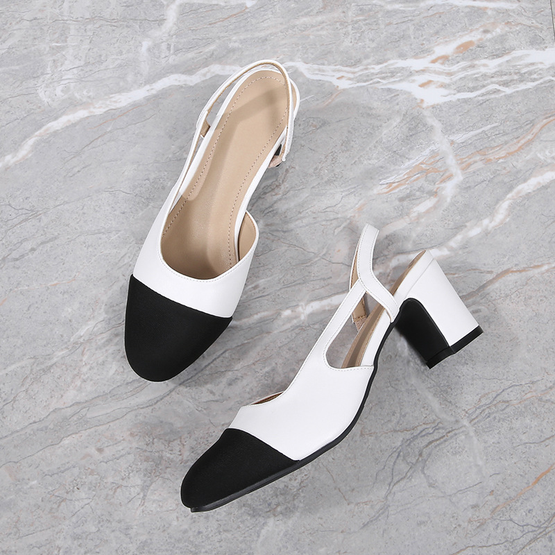 El Comercio exterior transfronterizo más el tamaño de las mujeres de los zapatos de tacón bajo de nuevo vacío cerrado toe sandalias de las mujeres planas de tacón alto del bloque del color del talón zapatos de una sola capa Mediados de zapatos de tacón