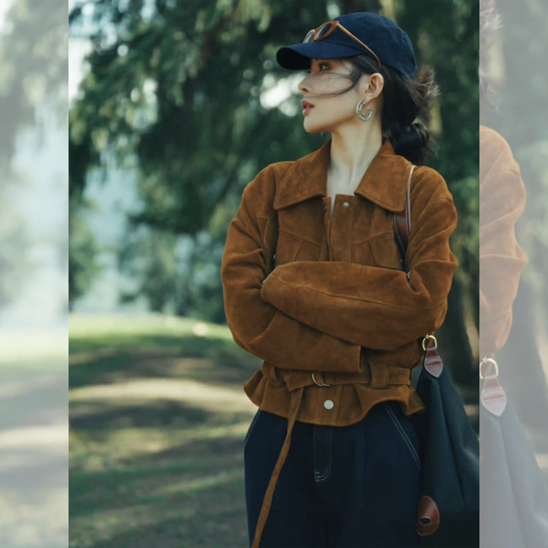 2025 New Autum Hot Style Short Lapel High-End Brown Suede Jacket for Women Spring and Autum Style