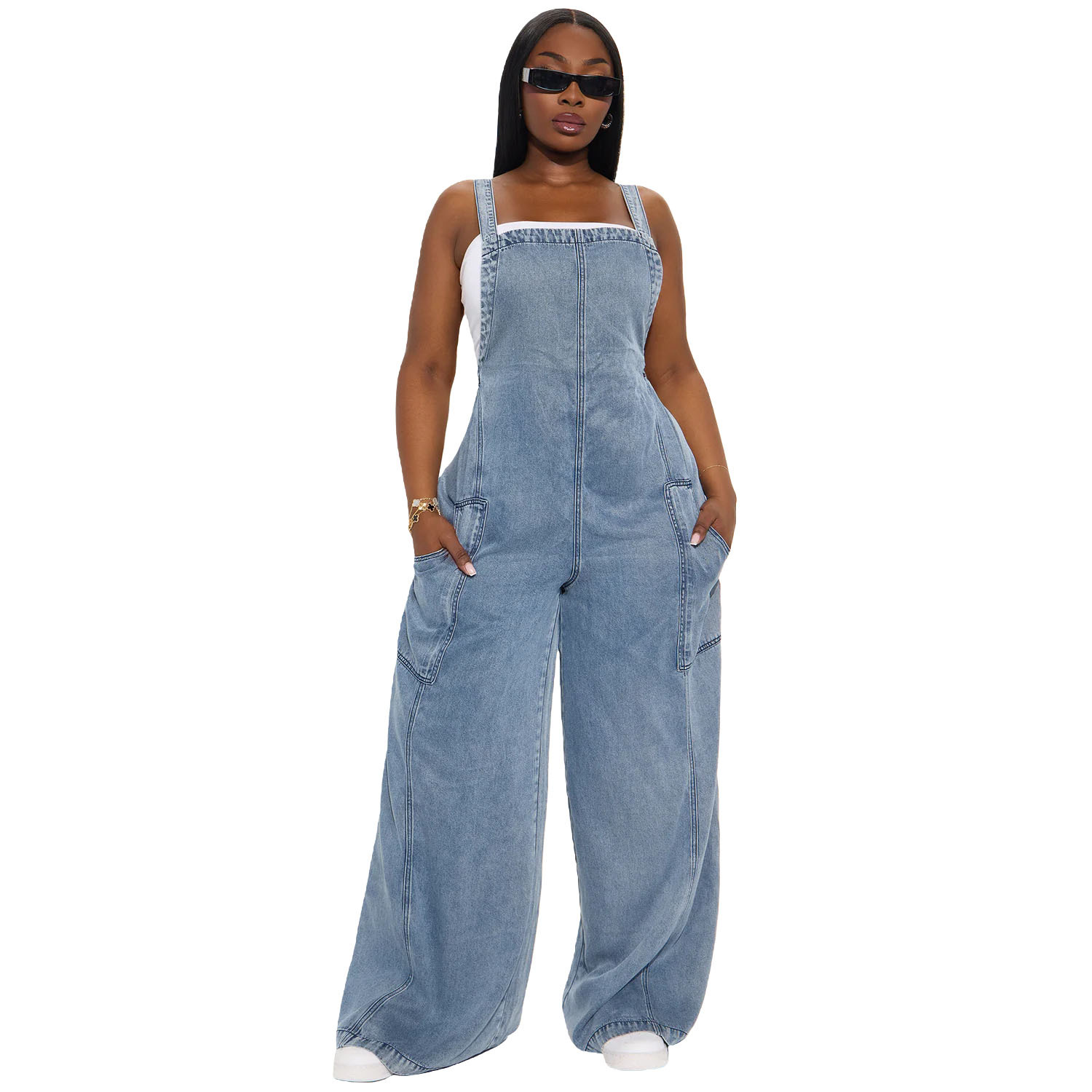 Dam denim jumpsuit med vida ben i amerikansk stil_voghion.com