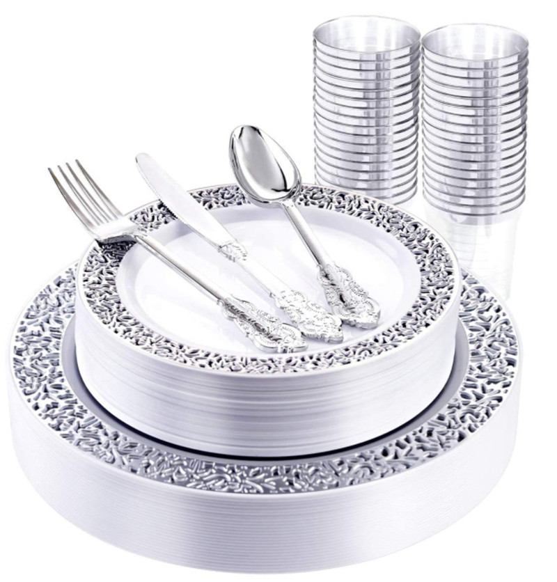 실버 속이 빈 접시 + 10 온스 컵 + 12 나이프, 포크 및 스푼 + 실버 종이 타월 각 25 1 세트