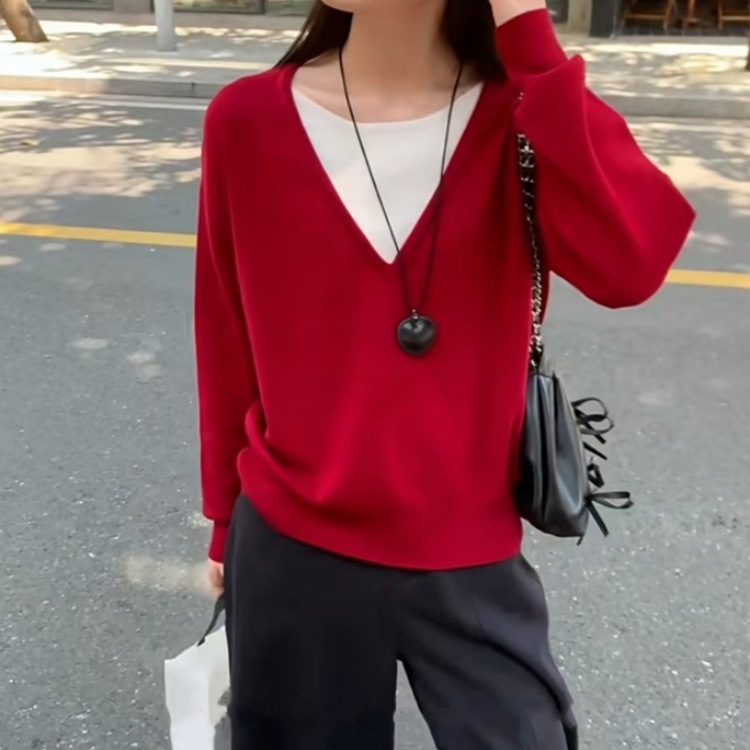假两件针织衫女毛衣慵懒风秋冬韩系高级感宽松领长袖上衣