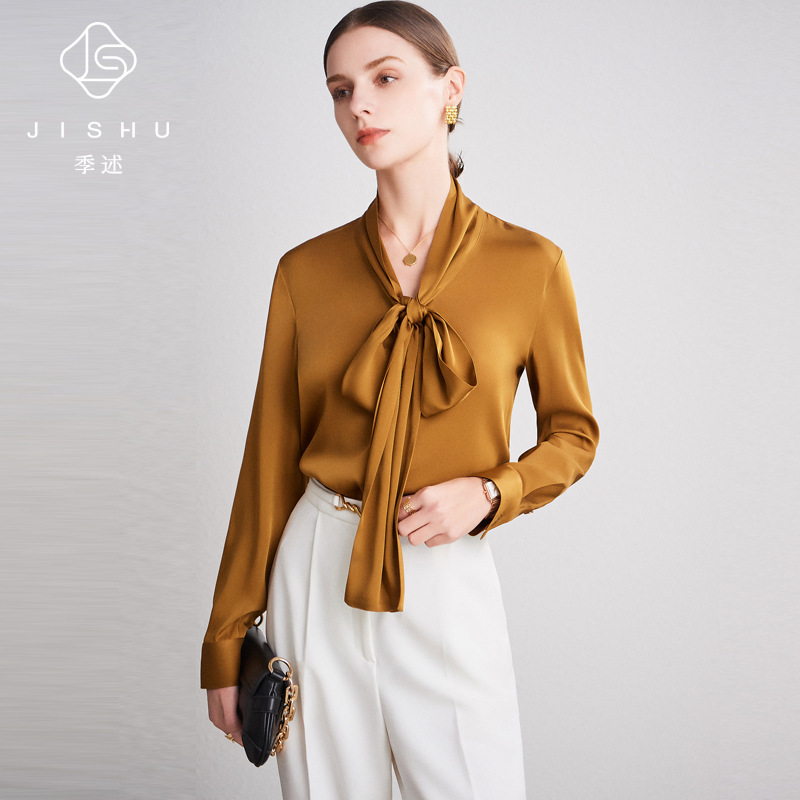 Silk Shirt for Women, Thick and Elegant with Ribbons, 2026 Spring/Summer New Style, Mulberry Silk Tie Design, Long-Sleeved Top