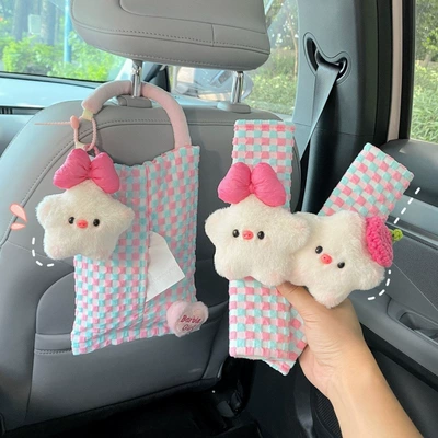 Car tissue box/set: back decoration, tissue holder for women - three-piece-set-bowknot-star-pig-tissue-bag-1-pair-of-pink-checkered-shoulder-pads
