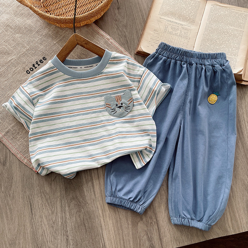 Boys' 2025 Summer New suit Children's Western Style Baby Striped Short-sleeved Casual Thin Anti-mosquito Bloomers Trendy