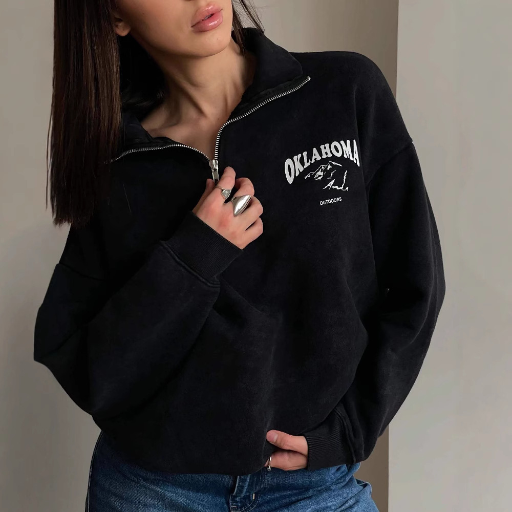 Autumn New Letter Print Half-Zip Fleece Sweatshirt Women, High-End Washed Vintage Style Top Coat For Women_voghion.com