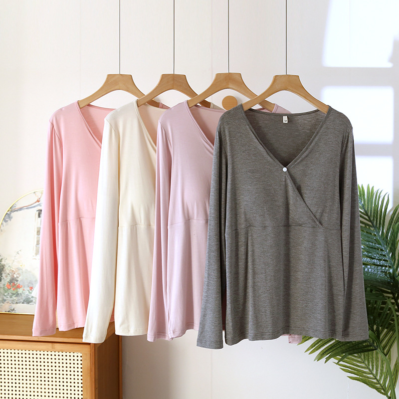 Breastfeeding Top with Chest Pad Spring and Autumn Modal Long Sleeve Pajamas for Pregnant Women Postpartum Breastfeeding Clothes Thin Household Top