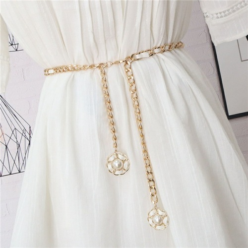 Black and white metal belt for women, European and American style, metal waist chain belt, summer decoration with skirt, trendy thin waist chain