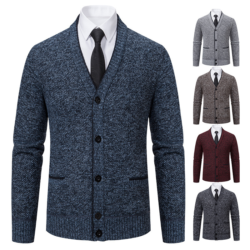 Cross-Border Men's Winter New Knitwear Fleece-Lined Thickeneded Long-Sleeved Fashion V Neck Cardigan Jacket Wholesale for Men