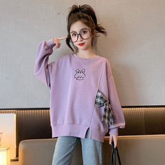 女童秋装拼接圆领卫衣2025新款中大童韩版洋气长袖慵懒风休闲上衣
